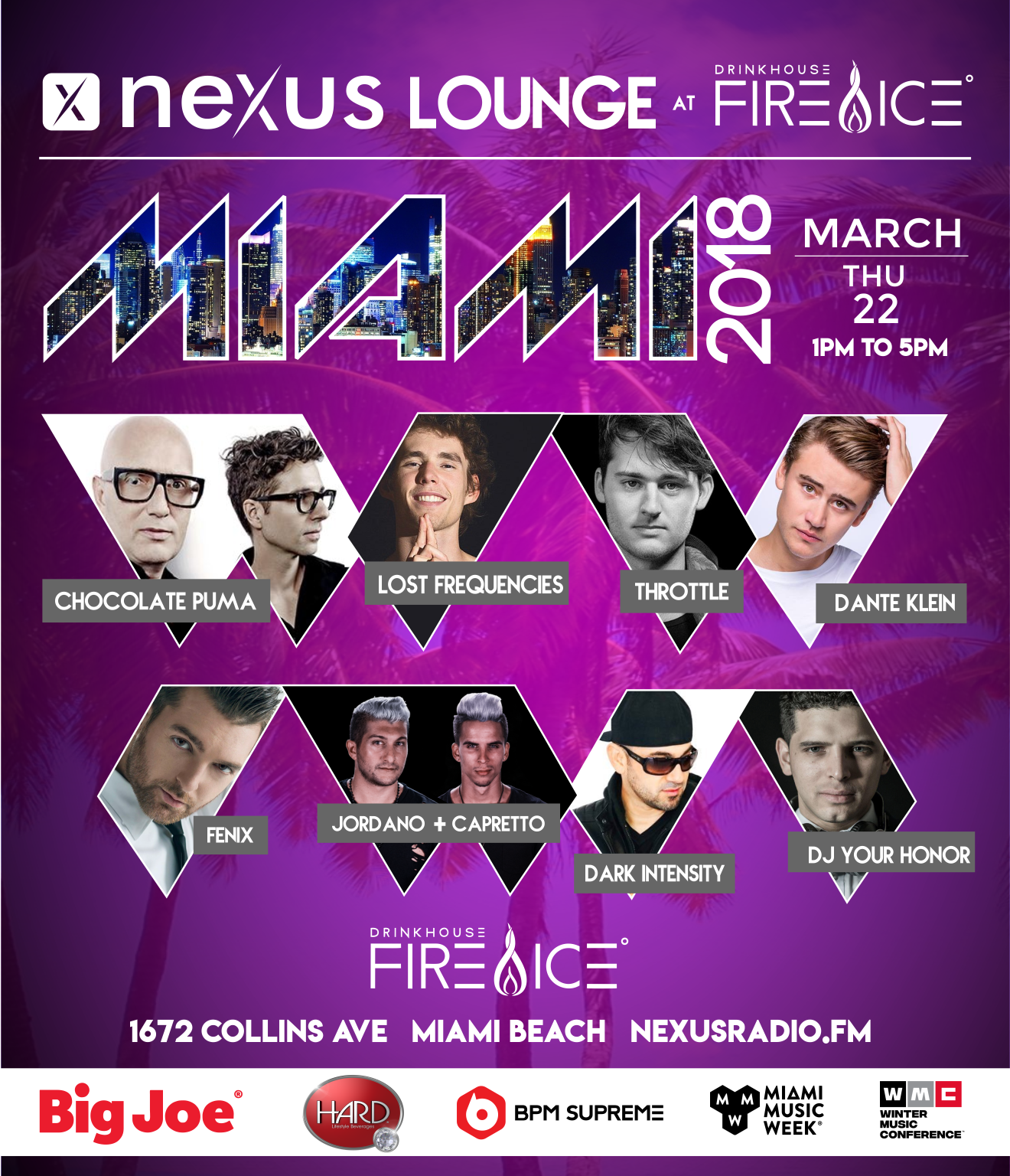 nexus radio lounge 2018 day 1 miami music week purple thursday flyer